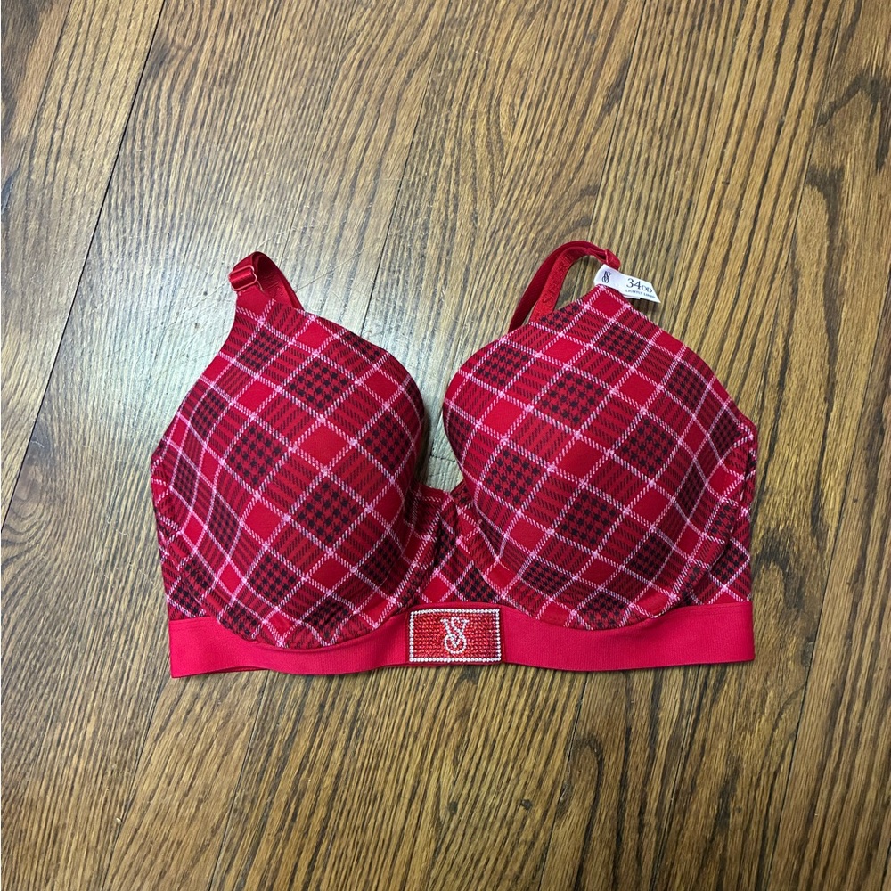 NWT Victoria's Secret Red bling plaid Checkered Bra size 34DD